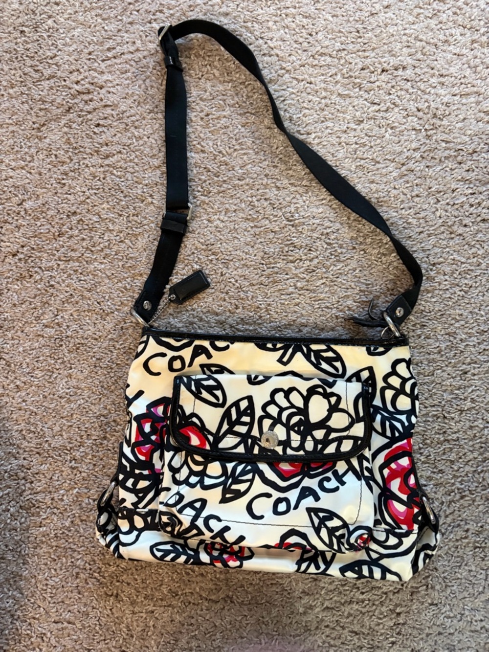 COACH - Poppy Logo Crossbody Bag with Black Strap and Red Accents